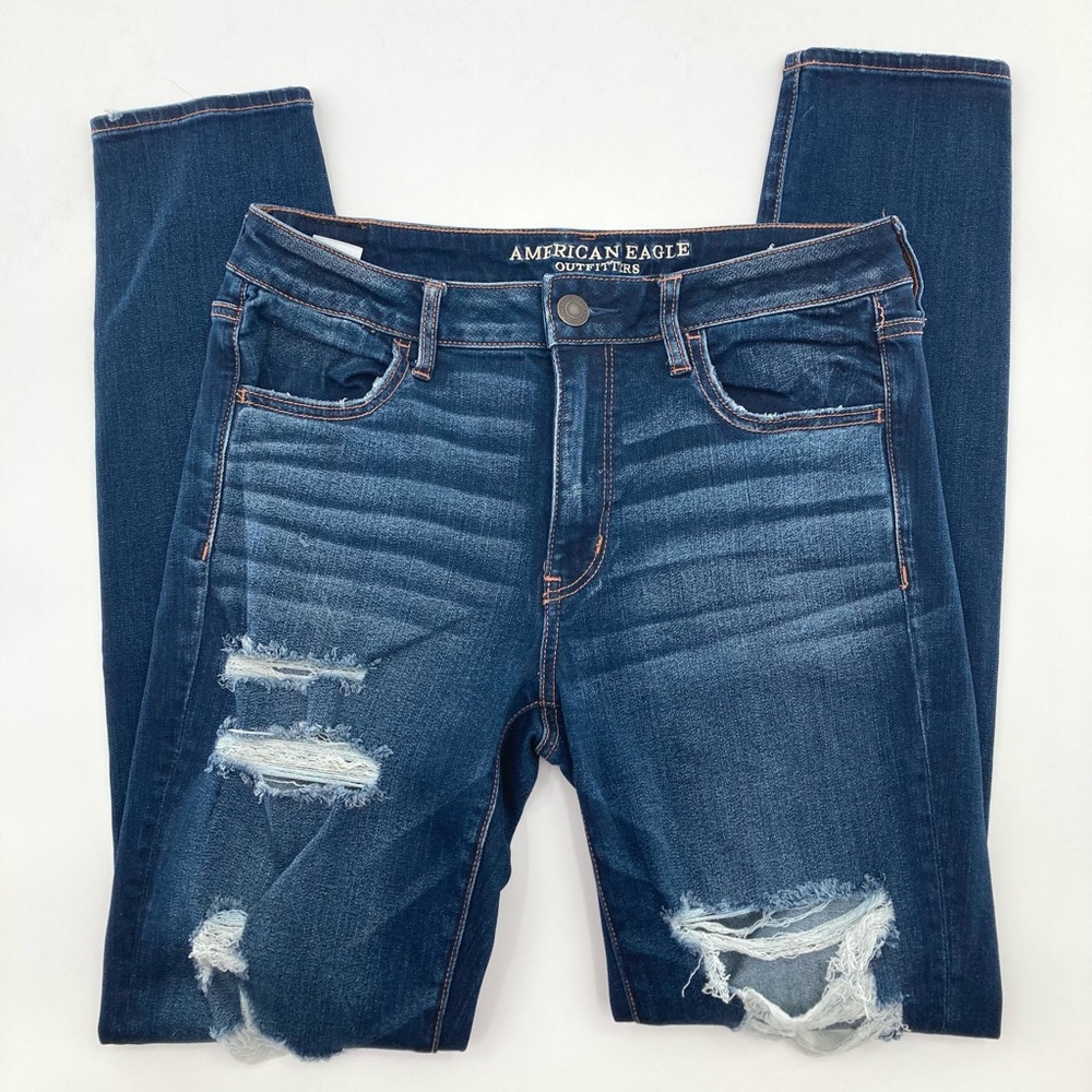 American Eagle AE dark wash destroyed ripped super stretch x jegging jeans 12 L